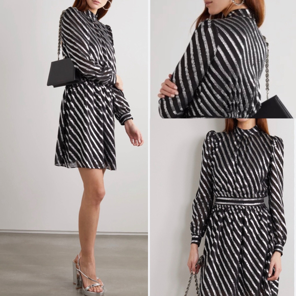 Michael Kors Dresses & Skirts - MICHEAL KORS HIGH-NECK METALLIC STRIPED SILK-BLEND MINI DRESS IN
BLACK